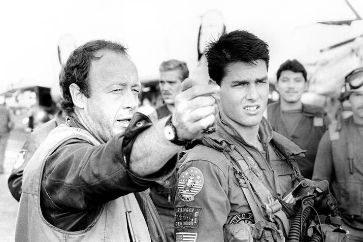 Tom Cruise with director Tony Scott on the set of Top Gun.