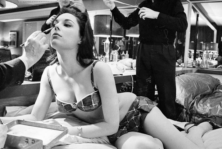 Tracy Reed being made up before shooting begins on the set of the film Dr. Strangelove or: How I Learned to Stop Worrying and Love the Bomb.