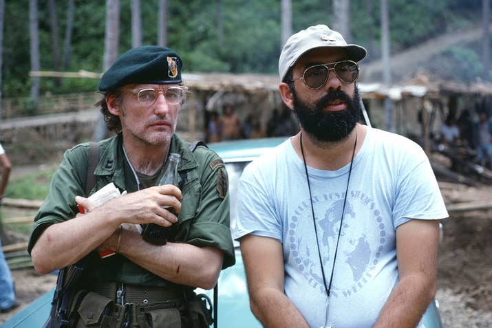 Actor Dennis Hopper with director Francis Ford Coppola on the set of Apocalypse Now, based on Joseph Conrad's novel Heart of Darkness.