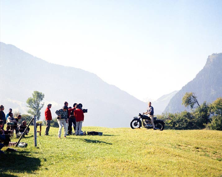 A film crew ready to shoot Steve McQueen's motorcycle escape sequence on the set of The Great Escape, directed by John Sturges, in Bavaria, Germany.