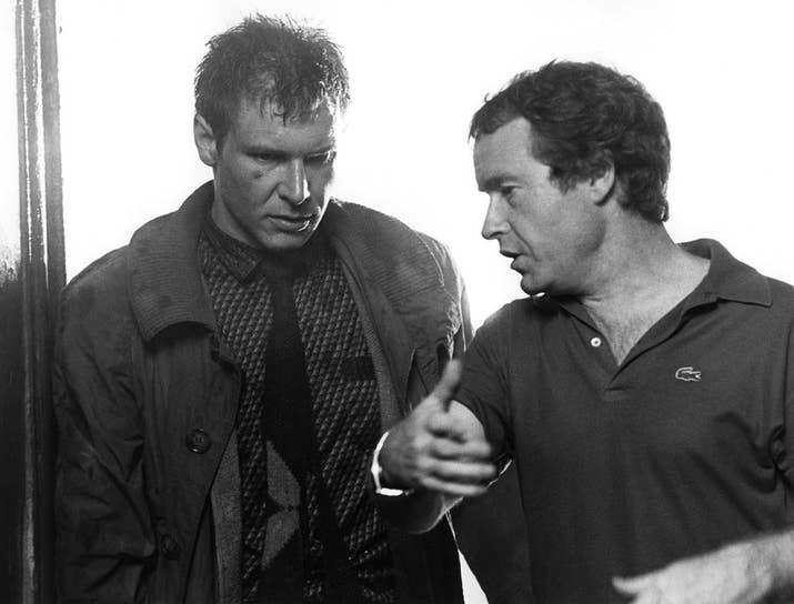 Actor Harrison Ford and director Ridley Scott on the set of Blade Runner.
