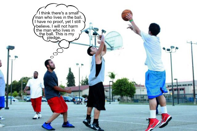 This guy refuses to dribble because if there's a tiny man in that ball, you'd be shaking him all around in there.Shooting is out of the question because if a small adult resides in the ball, that's like picking up his home and just launching it. There's no way to know for sure. Better not risk it.