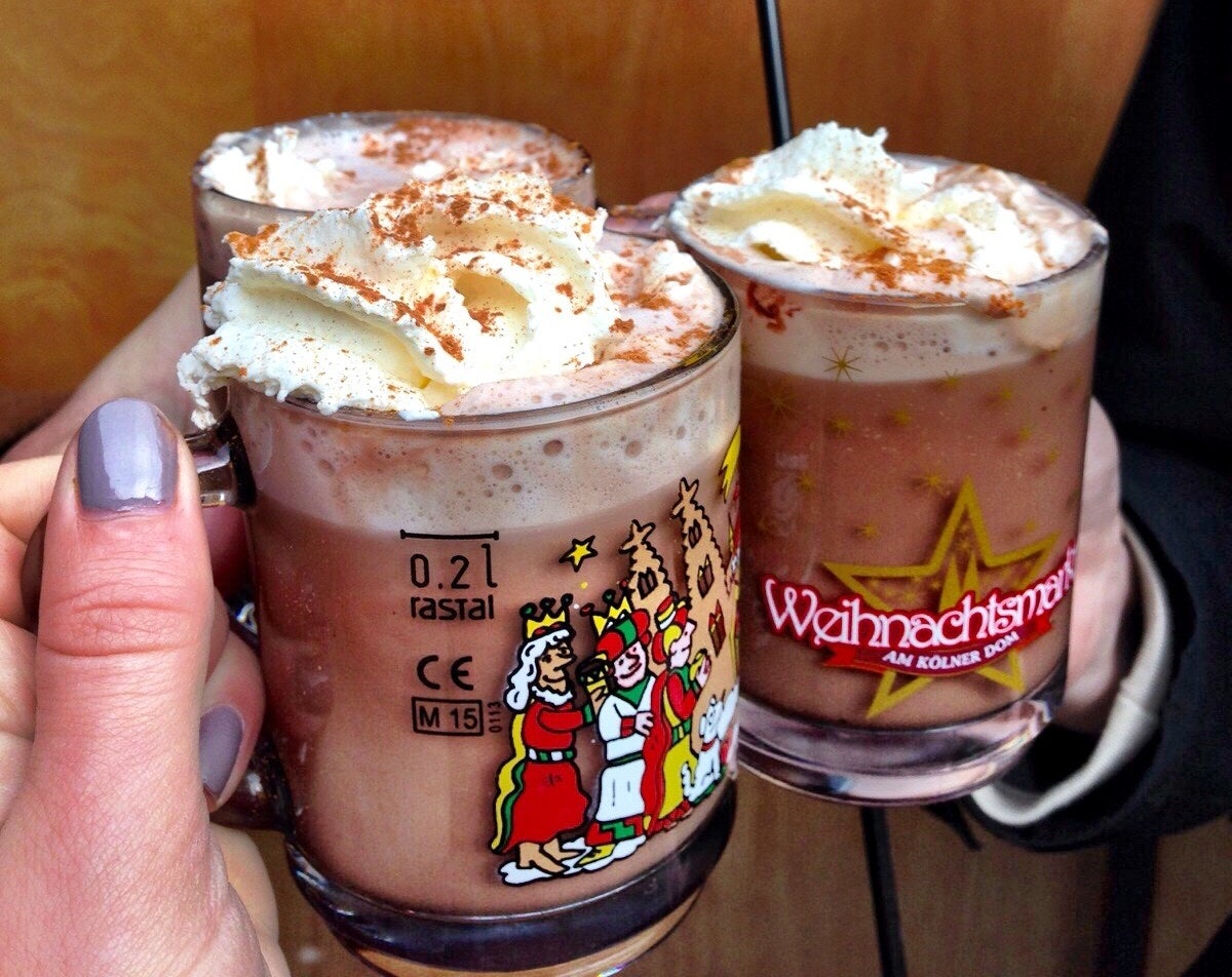 Ah glühwein. For those of you who haven't experienced this, you're missing out. Glühwein is mulled wine with spices, and you can try the red or white. It's the perfect thing to keep you warm on a cold winter afternoon in Germany while strolling through the markets. The hot chocolate is also superb because they spike it with baileys! One of the best parts about the drinks at a Christmas market are the mugs. Each market has a different mug to represent their theme that year. You put a deposit down on the mug when you order your drink (usually 3-4 euros) and you can either return the mug and get your deposit back, or keep the mug as a souvenir! (My boyfriend and I drunkenly started a Christmas mug collection last year in Germany...12 in total!)