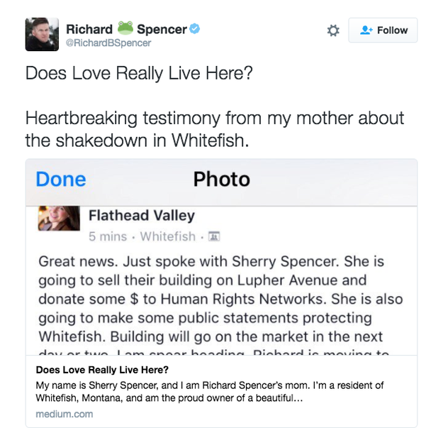 He also tweeted a link to his mother's Medium post, saying it was "heartbreaking testimony from my mother about the shakedown in Whitefish."