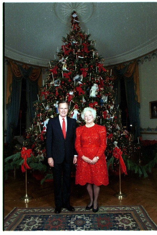 Barbara Bush chose the theme of "literacy" for the 1989 White House Christmas tree. The tree was decorated with tiny felt figures from children's literature, and tiny books. I like the red of the tree, and it has a good shape - unlike Barbara's dress.