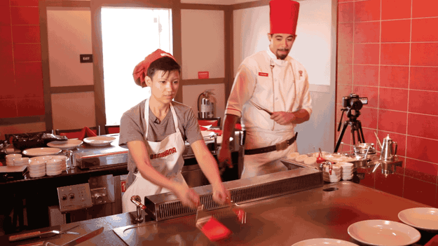 Chef Oscar, our teacher for the day, tried to show us how to flip our utensils, which took Jen (and all of us) a few thousand tries to get right.