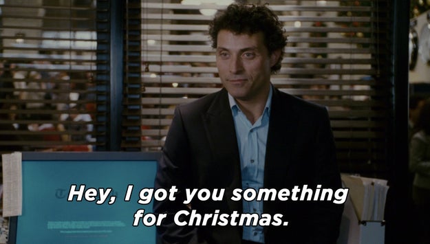 So, two-timing Jasper, who completely leads Iris on, finds her at their company holiday party and tells her that he got her a present.