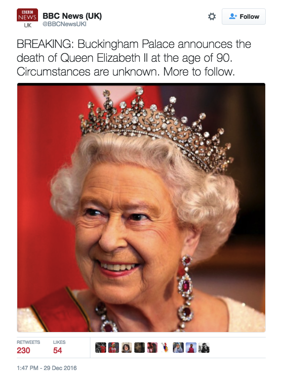 At least two hoax Twitter accounts designed to look like the BBC tried to spread a false claim that Queen Elizabeth II has died.