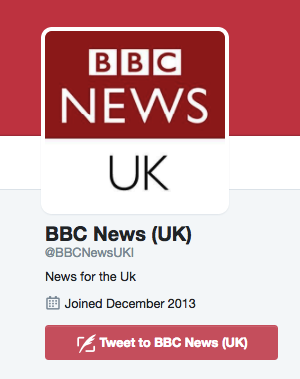 The @BBCNewsUKI account is unverified and its bio miscapitalizes "UK". It has since been suspended, but not before getting more than 400 retweets for its false claim.