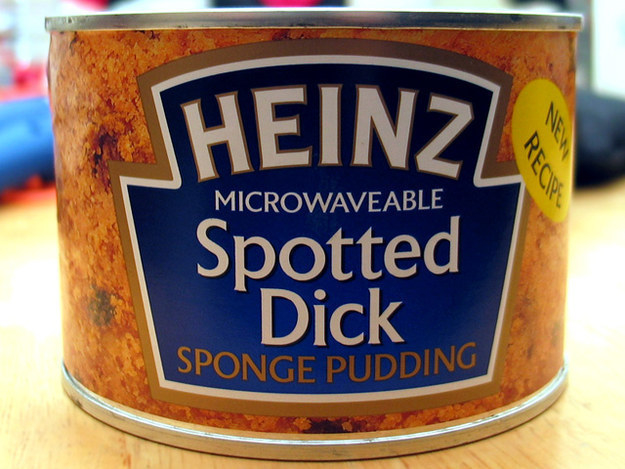 Eating something called spotted dick.