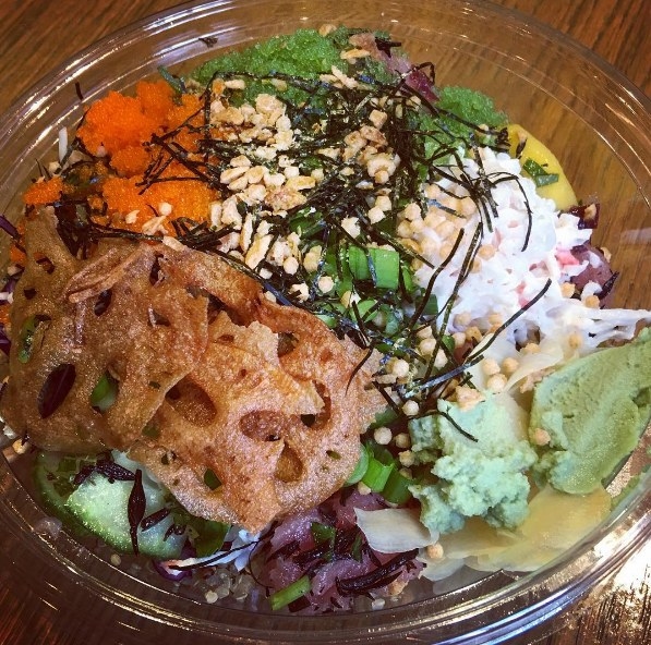 My personal make-your-own bowl featured quinoa as the base with fresh ahi tuna, salmon, and seared albacore tossed in ponzu sauce, and topped with wasabi tobiko, masago, seaweed salad, crab salad, and pickled ginger. For an extra crunch texture, I also added toasted rice puffs and lotus chips. The result? One of the best lunches I have had in a long time!