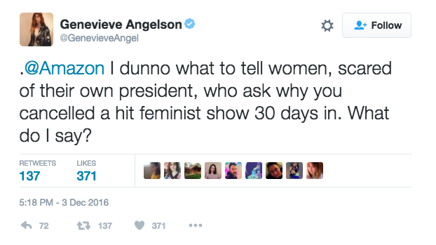 In response to the news, members of the cast have been tweeting in support of Good Girls Revolt. Actor Genevieve Angelson said that she doesn't know "what to tell women, scared of their own president" about what the cancellation means.