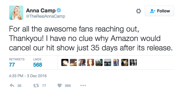 Star Anna Camp tweeted that she doesn't have a "clue why Amazon would cancel [the] hit show."