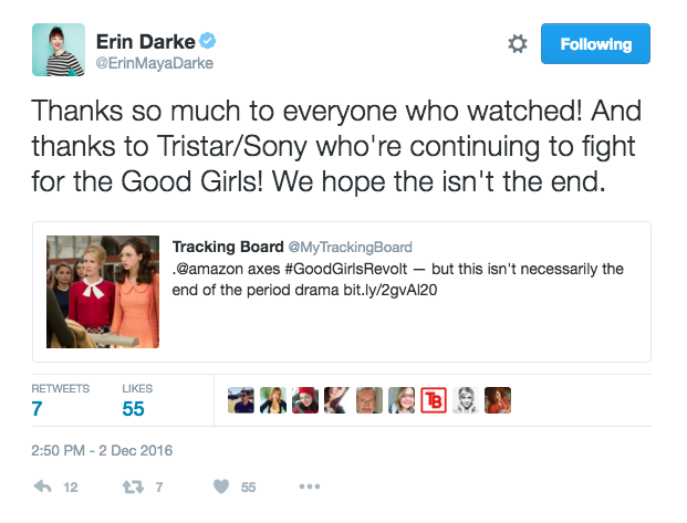 Co-star Erin Darke said she hopes "this isn't the end" for Good Girls Revolt.