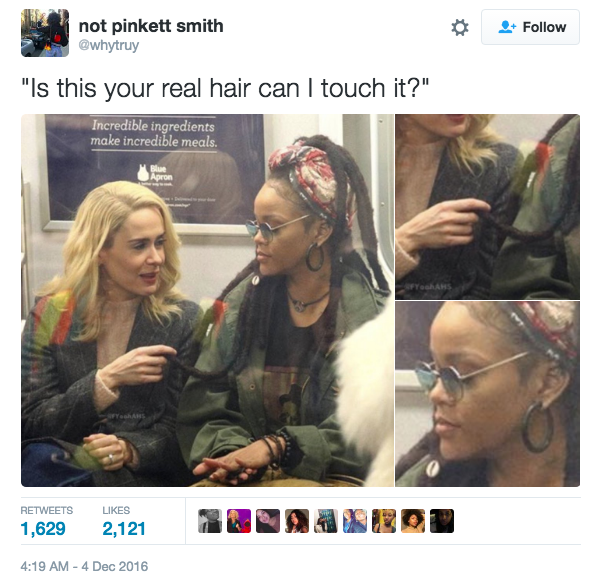 Last week a picture of Rihanna and Sarah Paulson filming on the set of Ocean's Eight went viral because it really looks like every black woman's experience when they have braids.