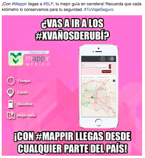 La Secretaría de Comunicaciones y Transportes publicó una imagen recomendando el uso de la aplicación Mappir para llegar bien a San Luis Potosí.