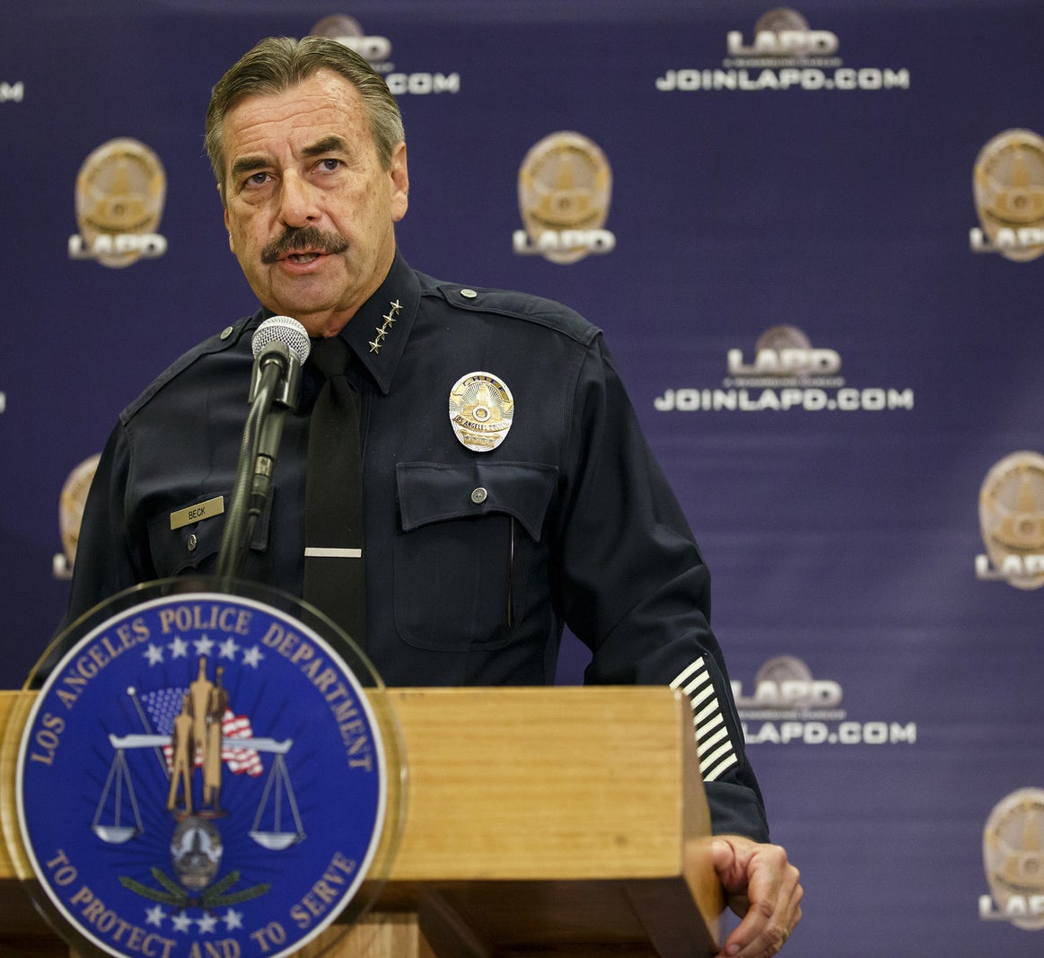Chief Charlie Beck speaks during a press conference in Los Angeles on Oct. 3.