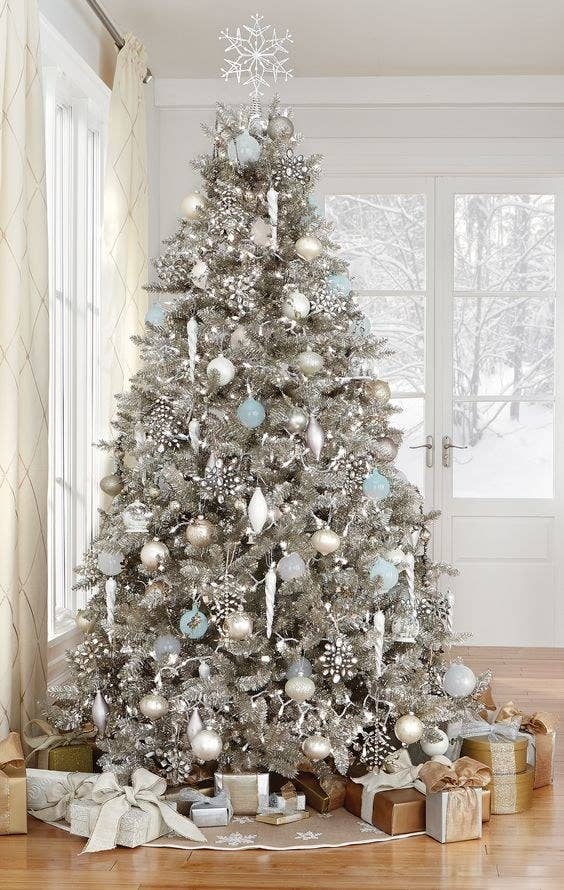 Coastal Silver Christmas Tree With Silver, White, Aqua Coastal Silver Christmas Tree With Silver, White, Aqua