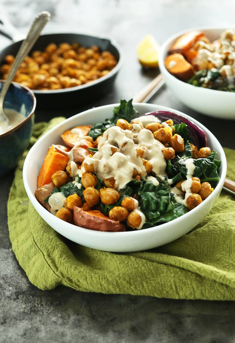 Tossed with garlic powder, cumin, and oregano, this Buddha bowl's pan-roasted chickpeas contribute half the flavor. Recipe here.