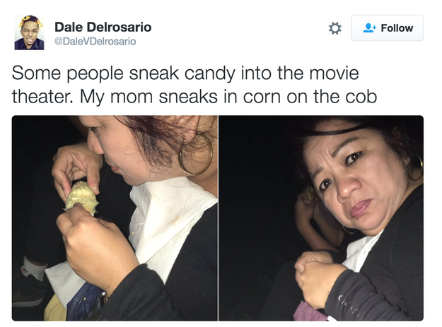 This mom and her smuggled movie snacks.