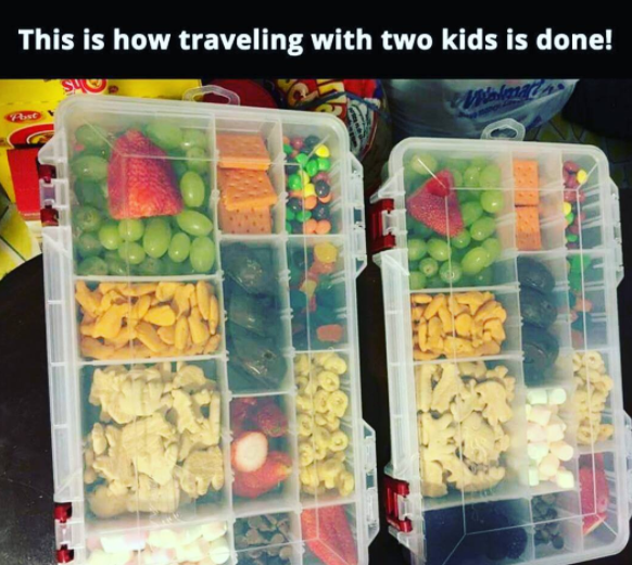 Use a tackle box to keep your kid's snacks organized on a road trip.