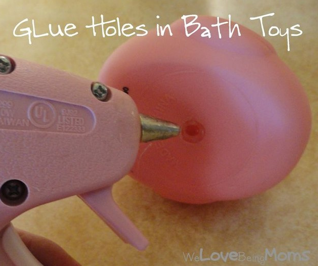 Hot glue the holes in the bottom of bath toys so mold doesn't form.