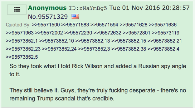 An anonymous user with the ID number zNaYmBg5 commented below the tweet writing, "So they took what I told Rick Wilson and added a Russian spy angle to it," implying that they were the source of the information reported by Mother Jones.