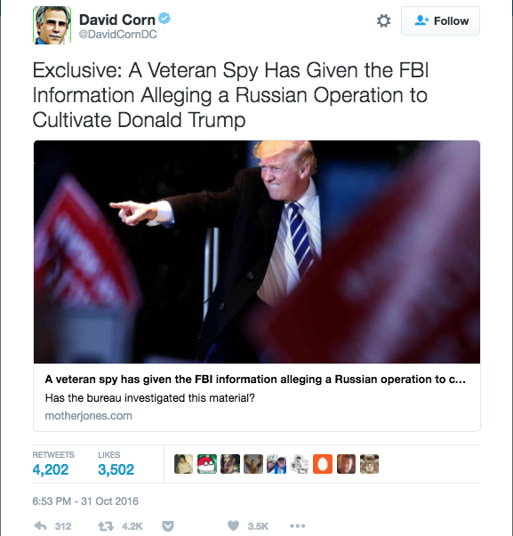 In the thread, a user screenshot a tweet linking to a Mother Jones article about a veteran spy giving the FBI information about a possible Russian operation to cultivate Trump.