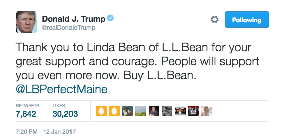 Donald Trump on Wednesday urged people to buy L.L. Bean products days after reports emerged that one of its owners, Linda Bean, personally supported Trump and reportedly violated federal rules by donating excessively to a pro-Trump political action committee.