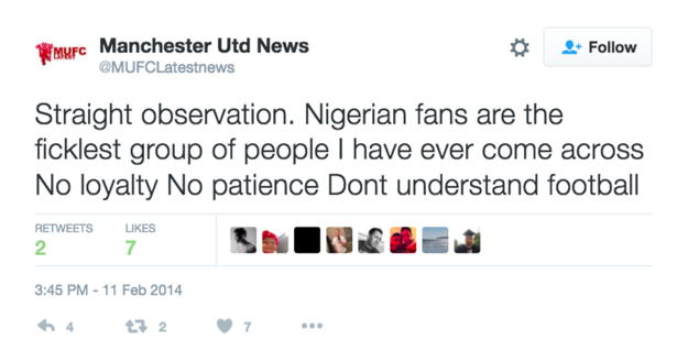 Many people on social media have claimed that this was not a one-off incident, and that Bienkowski has used the MUFC Latest Twitter account to direct abuse towards people from Nigeria.