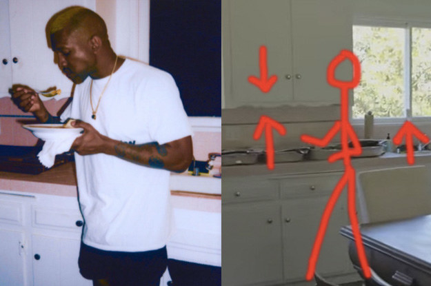 Exhibit C: Rubin's kitchen also looks exactly like the one in which Kanye was pictured eating. The pink backsplash, the blue line, the scalloped cabinets, and the window above the sink are all the same.