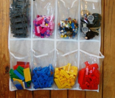 Store Legos bricks in hanging shoe organizers.