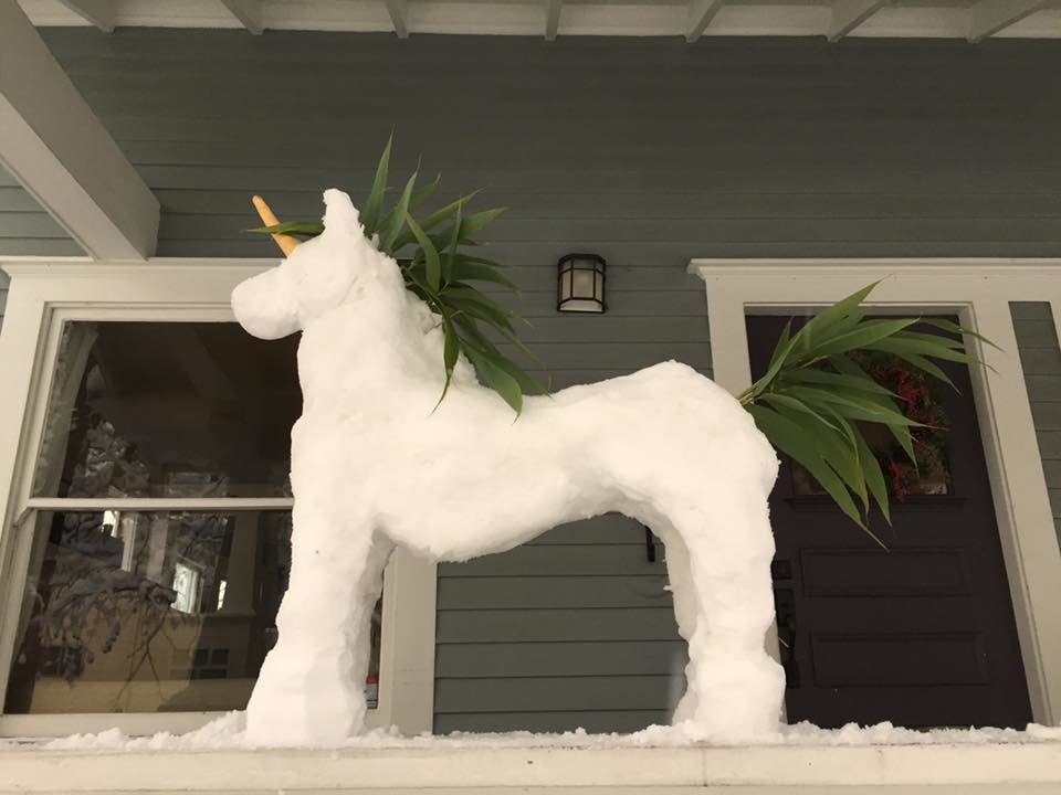 Mystical mythical creatures come it to play in the snow! Love inventive use of a familiar snowman nose π₯ for the horn and of greenery for the tail and mane. π¦