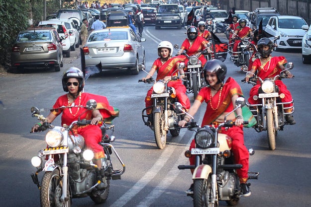 As they were welcomed by a posse of women who rode to them...