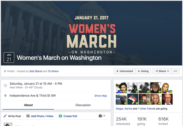 As of Saturday, 191,000 people have said they are going to the Women's March, with another 254,000 saying they are interested, according to the event's Facebook page.