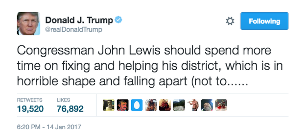 Trump slammed Lewis on Saturday, calling his Atlanta district "crime-infested" and "in horrible shape," a day after Lewis said he did not see Trump as a "legitimate president" and would not be attending the inauguration on Jan. 20.
