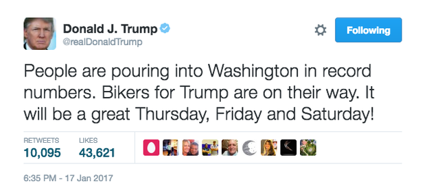 Donald Trump on Tuesday tweeted that Bikers for Trump — a group of bikers who supported him during his campaign — were "on their way" to the Jan. 20 inauguration in Washington DC.