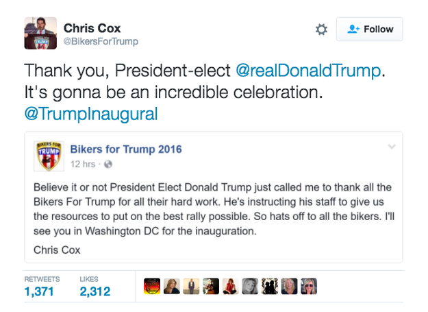 Chris Cox, the founder of the group, told Fox &amp; Friends that more than 5,000 bikers are expected to attend the inauguration and would form a "wall of meat" against anti-Trump protesters.