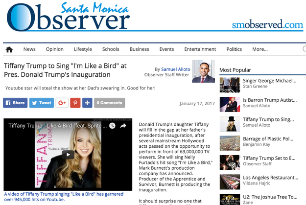 On Tuesday, the Santa Monica Observer published an article falsely claiming Tiffany Trump would sing "I'm Like A Bird" by Nelly Furtado at her father's inauguration.