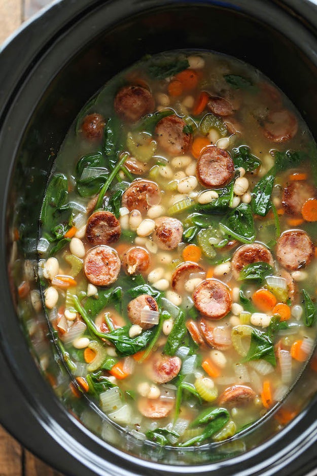 Slow Cooker Sausage, Spinach And White Bean Soup