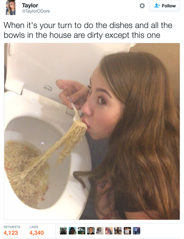 The next morning during their drive home, the friends came up with a funny caption to their drunken photo. O'Dore tweeted the photo of Hepler and wrote, "When it's your turn to do the dishes and all the bowls in the house are dirty except this one."