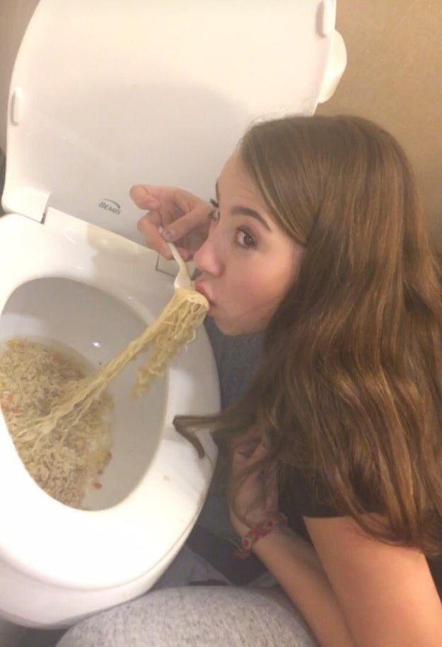 So, with the help of O'Dore, she decided to dump all of the noodles in the toilet bowl. But before she flushed, Hepler thought the scene would make for "a savage snap," she said. So she asked O'Dore to take a photo as she brought a forkful of the noodles in the toilet to her mouth to make it seem like she was eating ramen from the toilet.