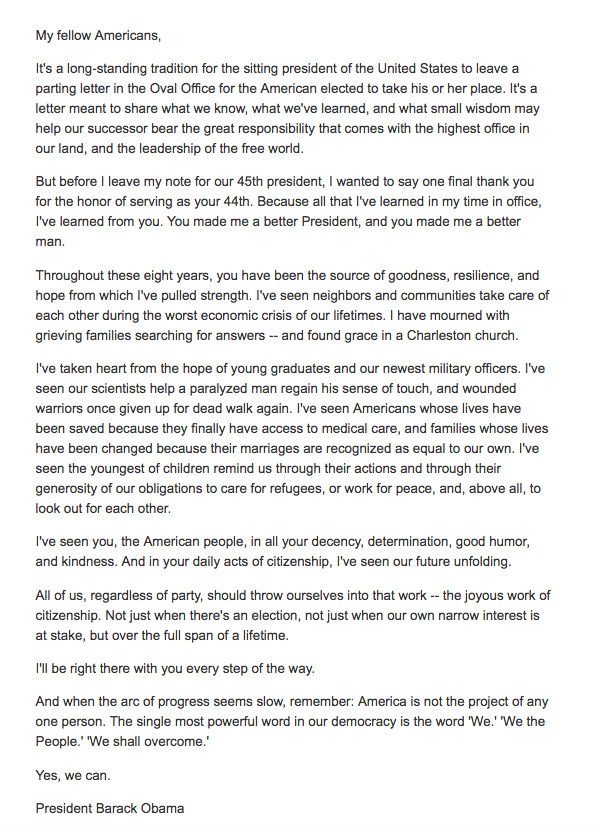 The letter discusses all of the people Obama has been inspired by over the past eight years, from young graduates, to military officers, to scientists.