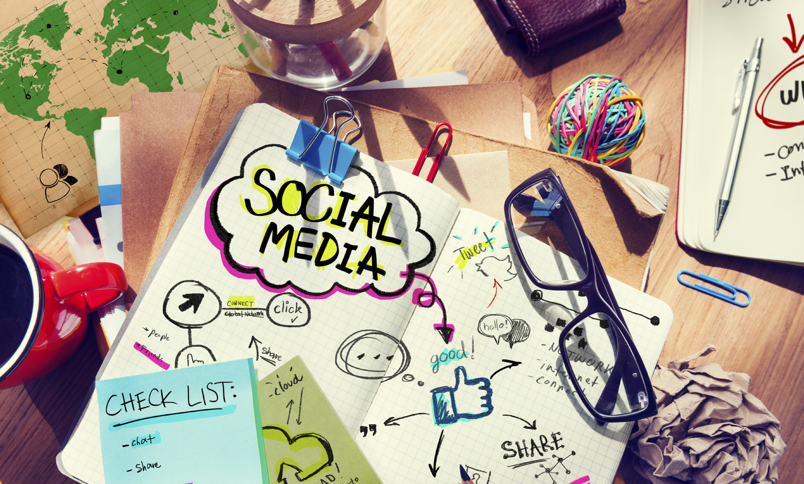 Desk with Social Media and Connection Concept