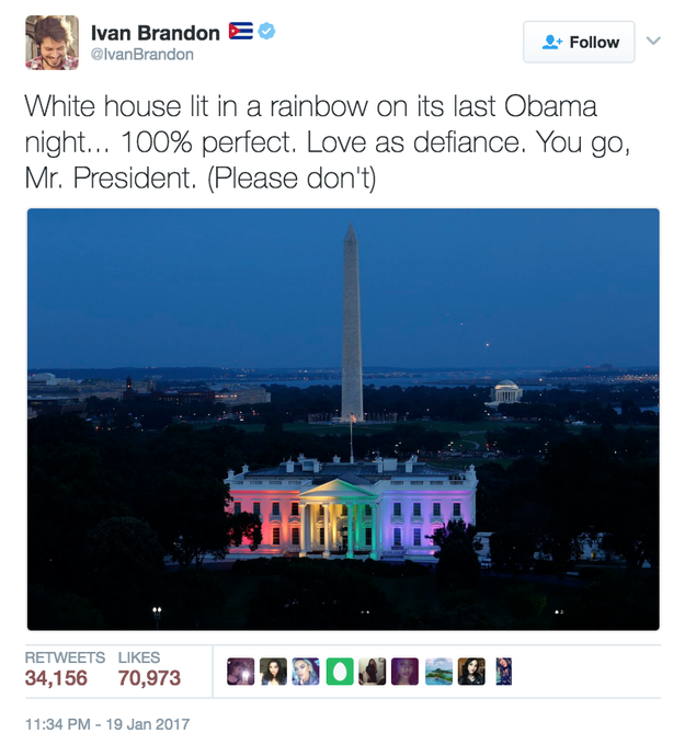 Last night, a photo of the White House illuminated in a rainbow display for President Obama's last night in office began circulating online.