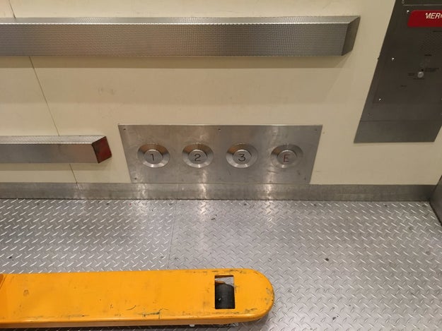 This elevator you can operate with your feet if your hands are full.