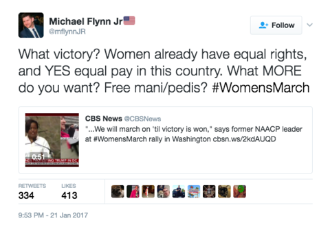 Michael Flynn Jr., the son of President Donald Trump's national security adviser, mocked the Women's March on Twitter, asking if women wanted free manicures and pedicures.