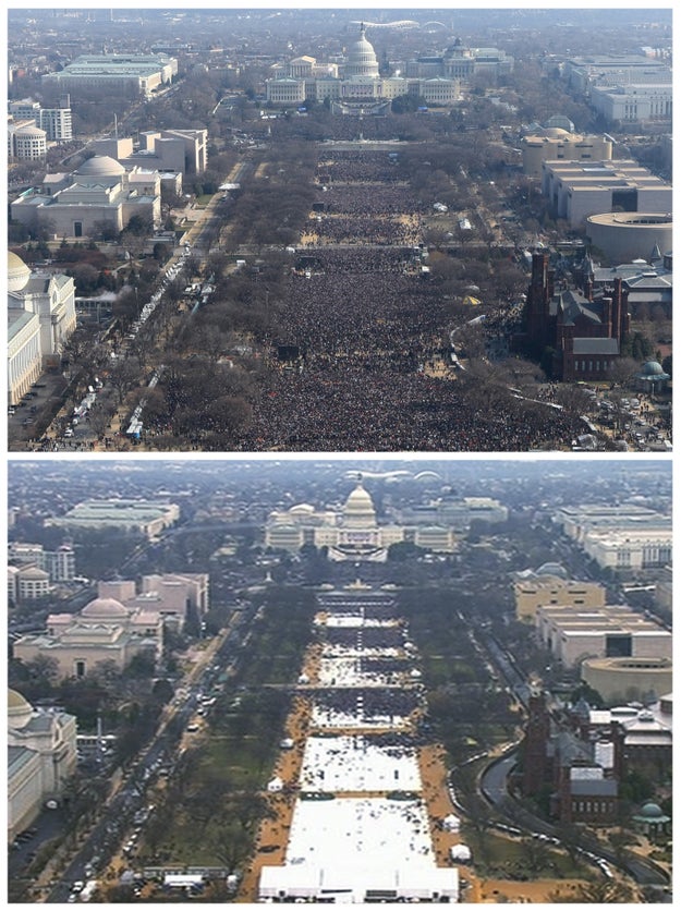 The top photo shows a view of the crowd on the National Mall at Obama's 2009 inauguration and the photo below shows the crowd at Trump's inauguration. Both photos were taken shortly before noon.