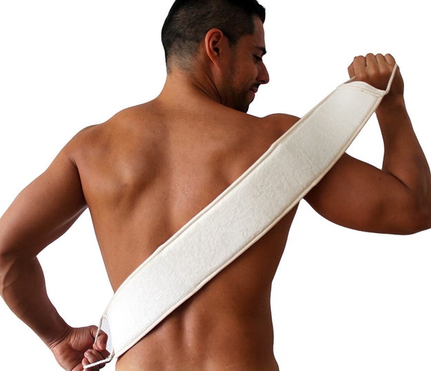 Exfoliate your entire back without straining your arms using a loofah-like band.