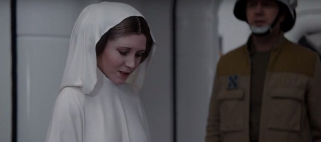 If you've seen Rogue One, than you know the climatic final two minutes of the film feature not only a terrifying scene with Darth Vader, but also Princess Leia.